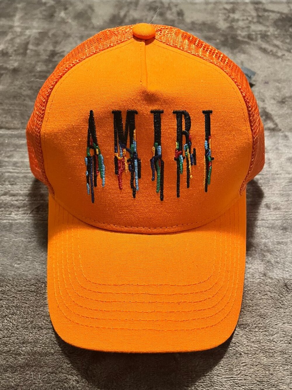 AMIRI Paint Drip Core Logo Trucker Hat In Orange Mesh NWT Double Snapback